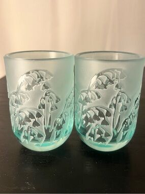 VTG Blue Satin Art Glass Relief Cut to Clear Lily of the Valley Frosted Votive
